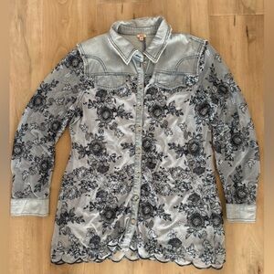 Reba| floral lace mesh denim button up